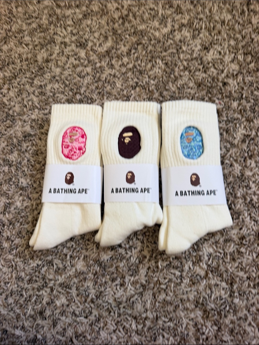 Bape Cream Socks Trio with Pink, Brown & Blue Ape Logos
